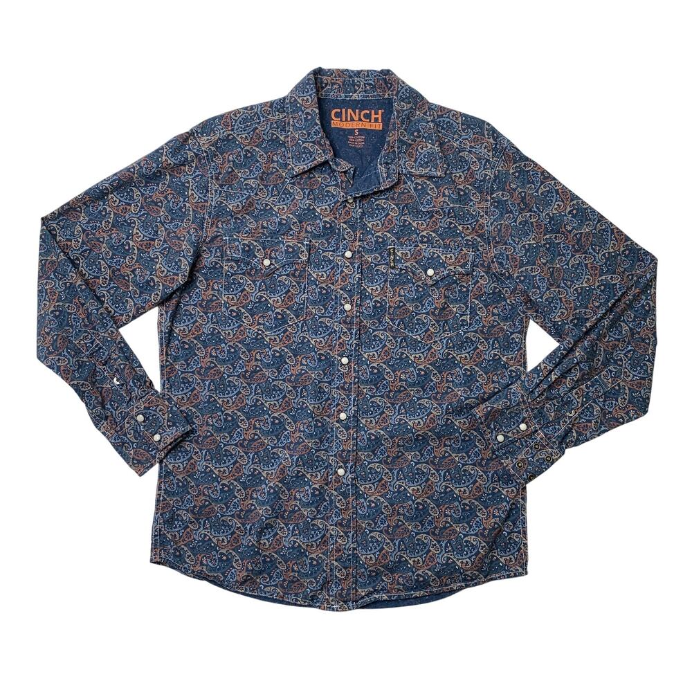 Cinch Shirt Mens S Small Dark Blue Modern Fit Cotton Paisley Long Sleeve Western